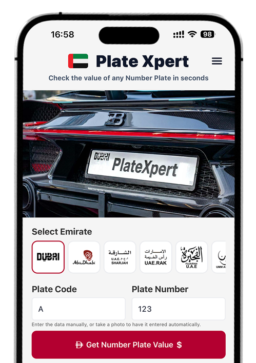 PlateXpert app showing a Dubai number plate price check and value estimate